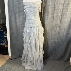 Tadashi Shoji Gray Strapless Ruched Gown